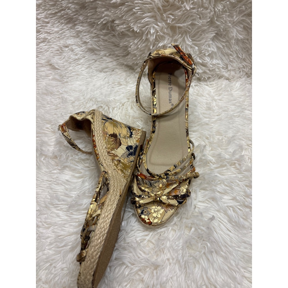 Pierre Dumas Gail-1 Floral Gold Metallic Espadrille Wedge Sandals Womens 9